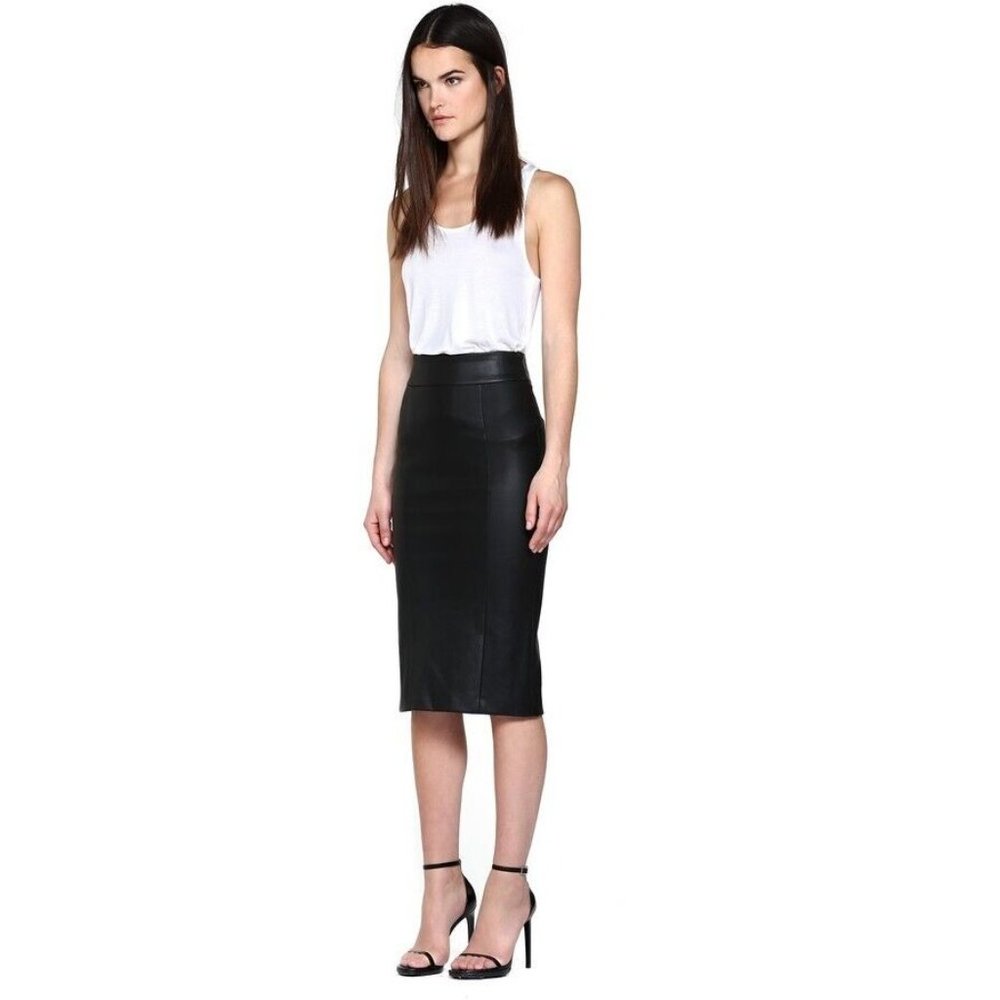 NWT $450 MACKAGE LUCILLE BLACK LAMBSKIN LEATHER MIDI PENCIL SKIRT US SIZE 10 - Picture 2 of 9